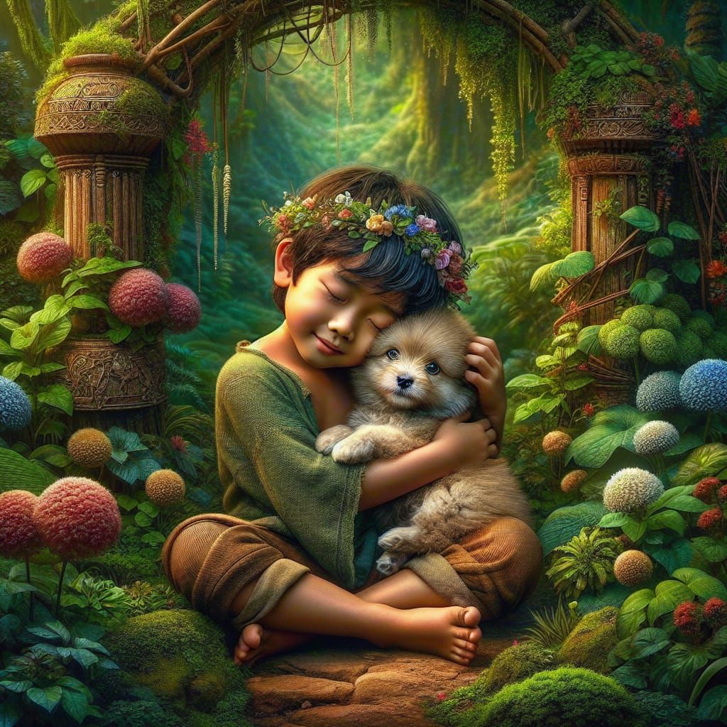 Boy and Puppy in Blooming Garden: Fantasy Concept Art