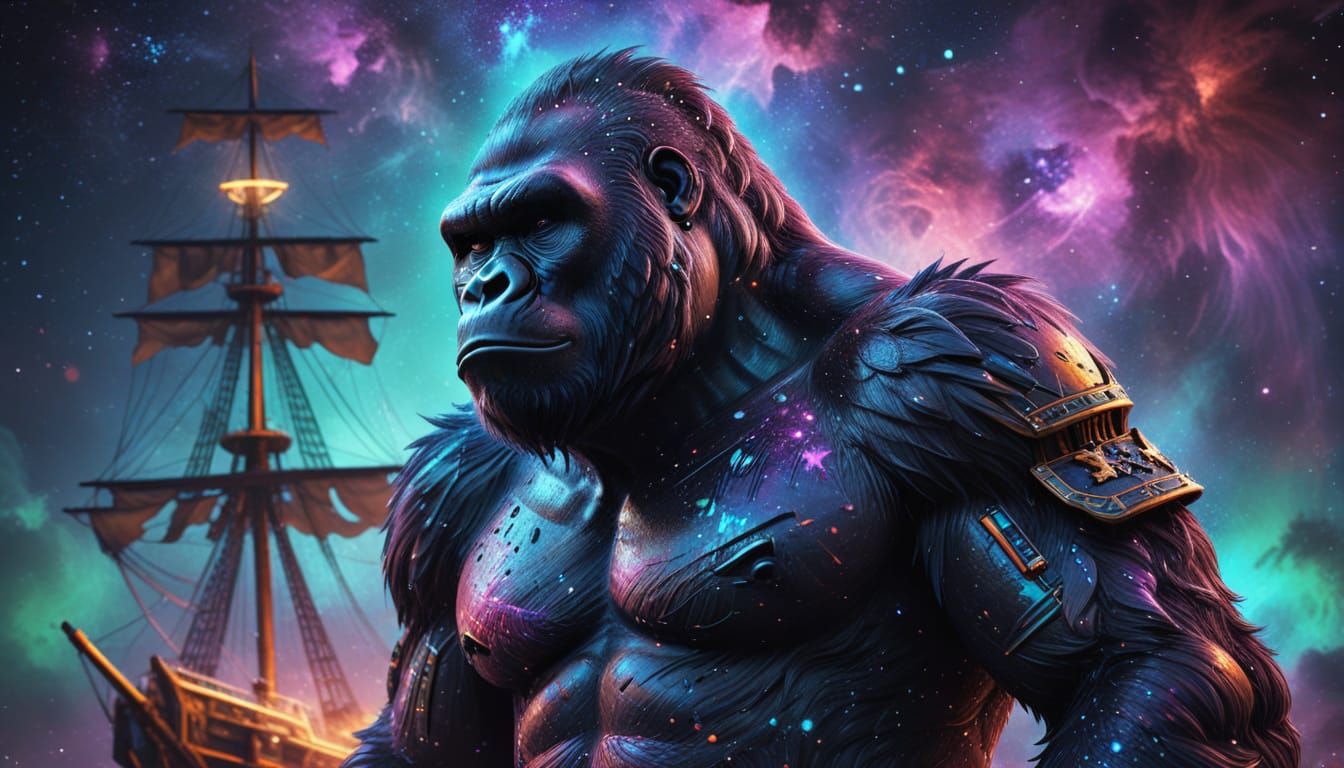 Gorilla Pirate on Spaceship, Vibrant Street Art Style