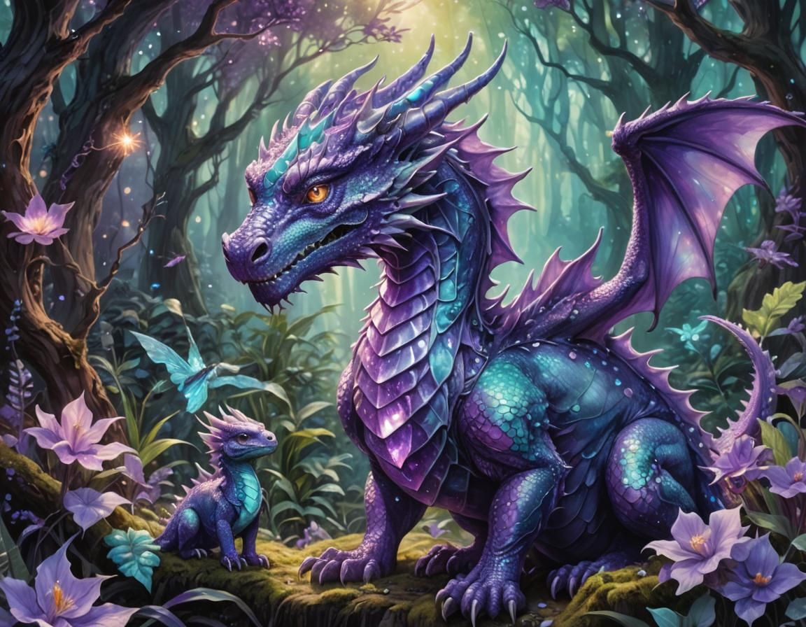 Enchanting Purple Dragon and Baby in Magical Forest