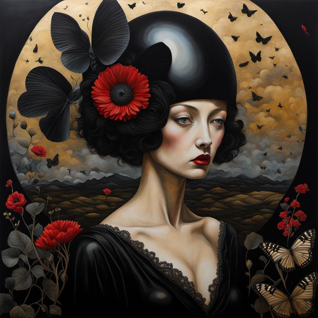 Surreal Black Decoupage with Figurative Realism