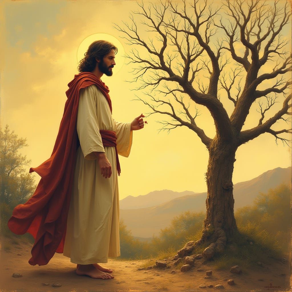 Jesus Condemns the Barren Fig Tree in a Serene Mediterranean...