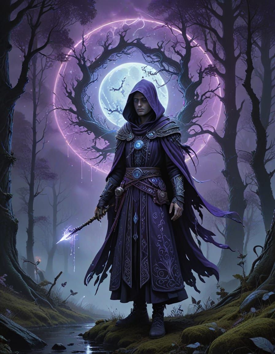 Mystical Wizard in a Dreamlike, Moonlit Landscape