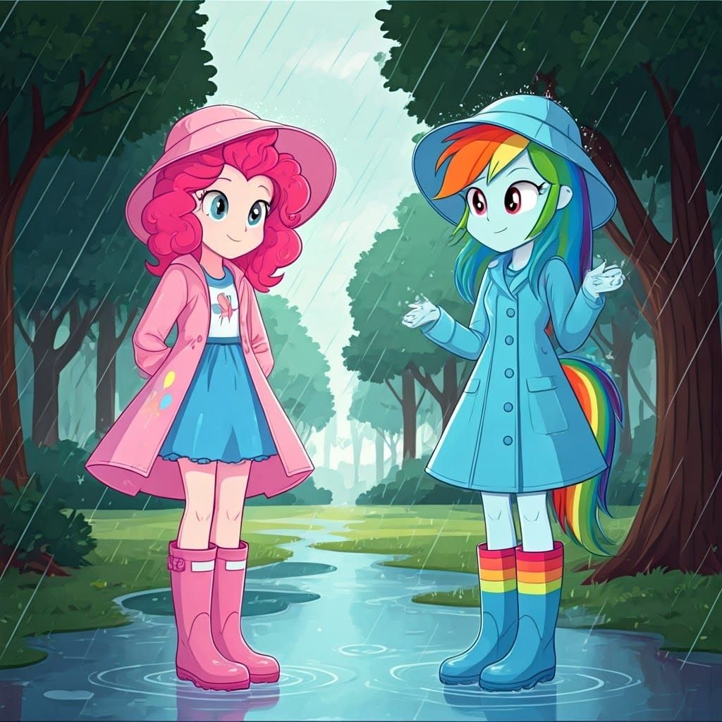 Pinkie Pie and Rainbow Dash Jumping in Puddles