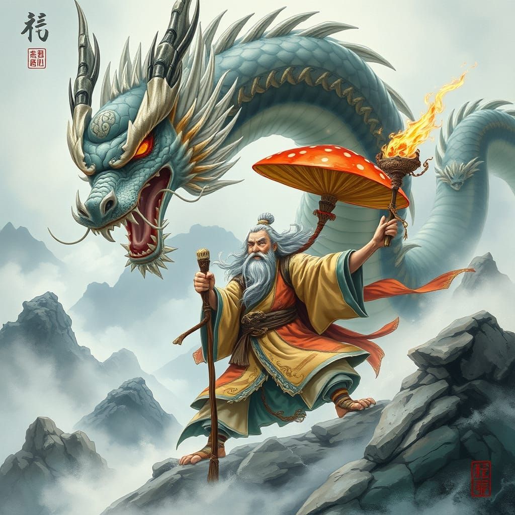 The venerable mushroom sage battles a dragon, xianxia style