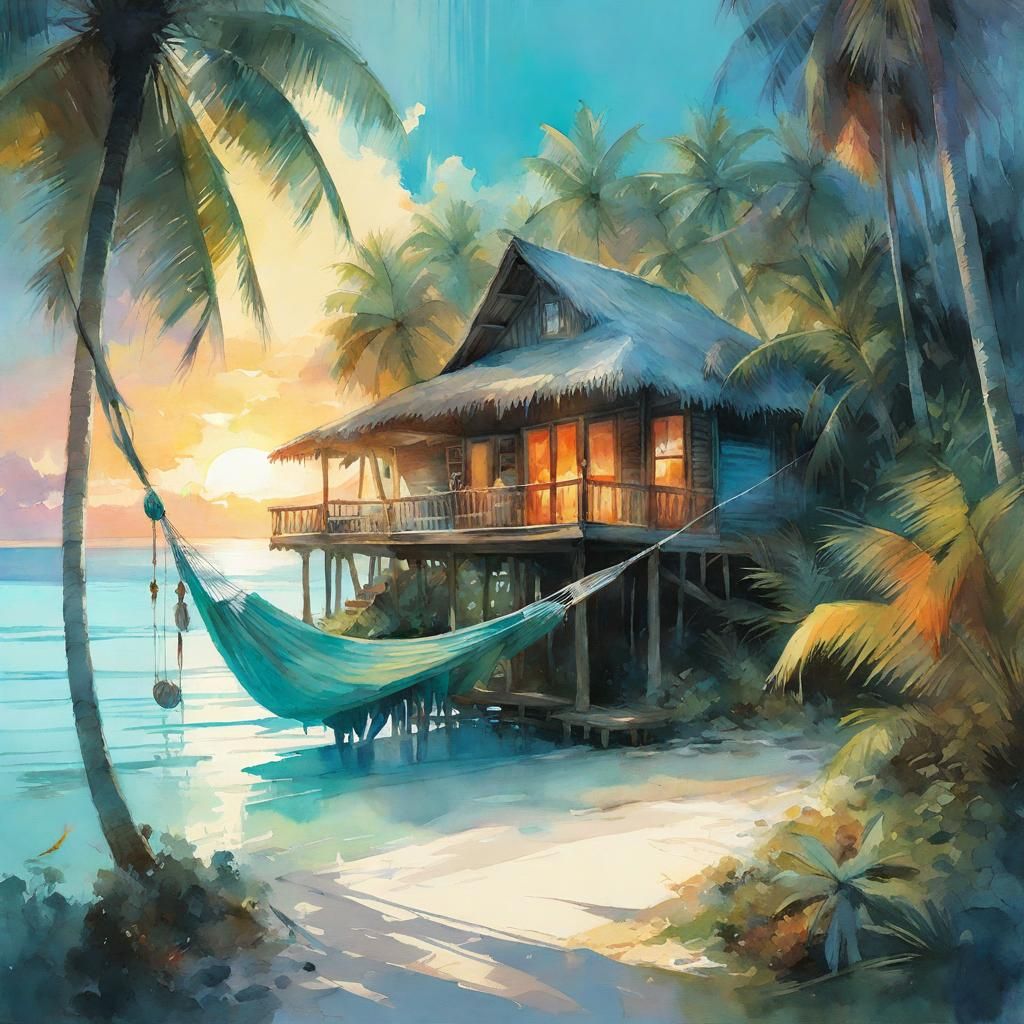 Bora Bora Cottage in Watercolor Poster Art