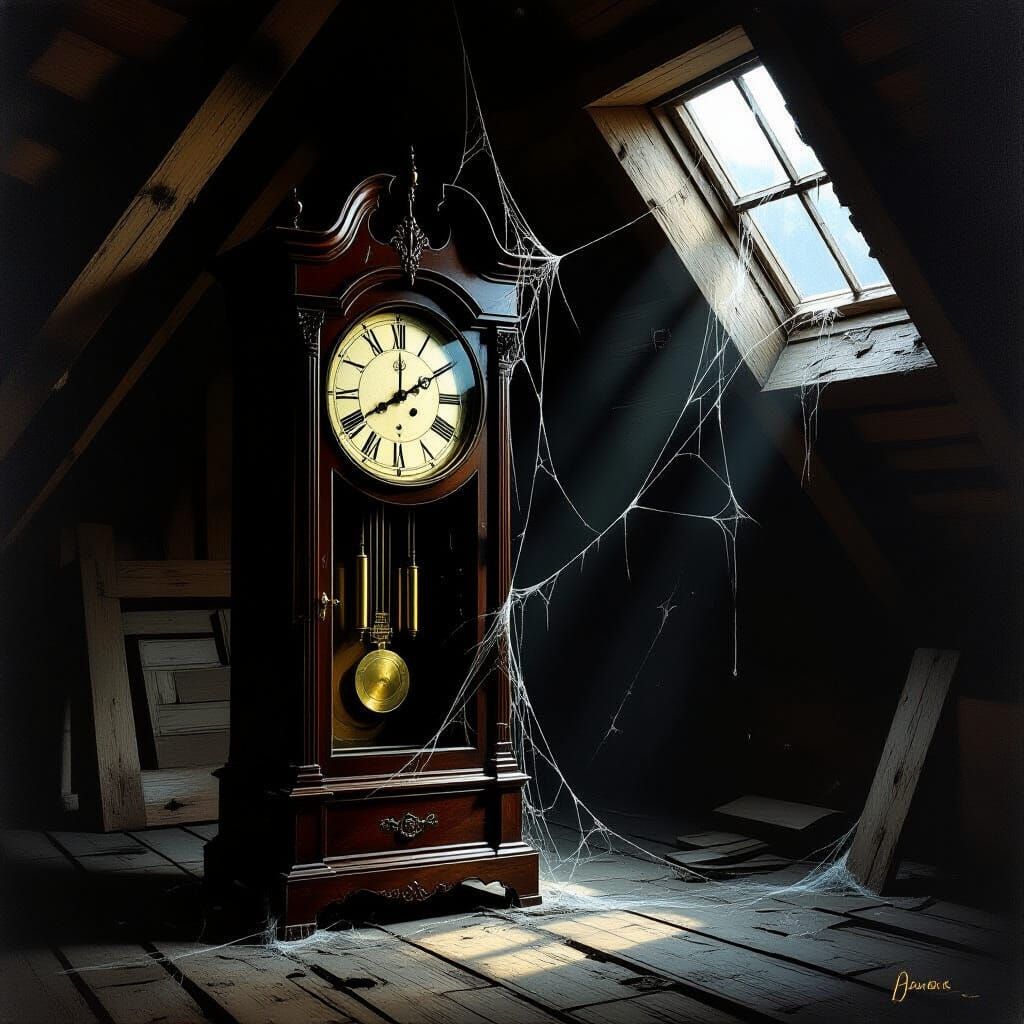 Ancient Grandfather Clock in Dusty Attic Oil Painting