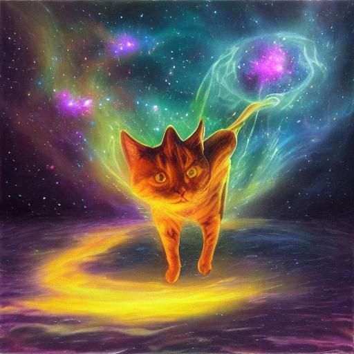 Cosmic Cat Emerges from Lake with Glowing Sky
