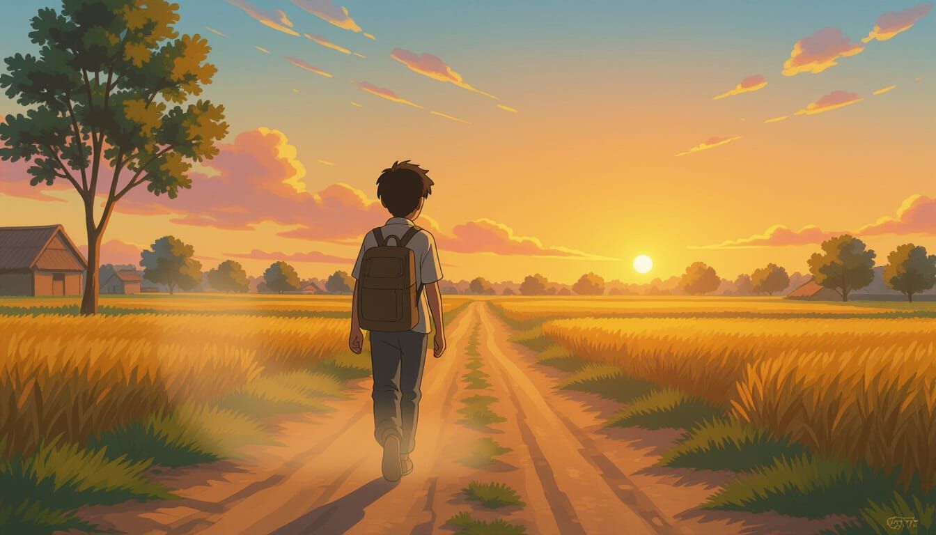 Teenager Walks Alone on Dusty Path at Sunset