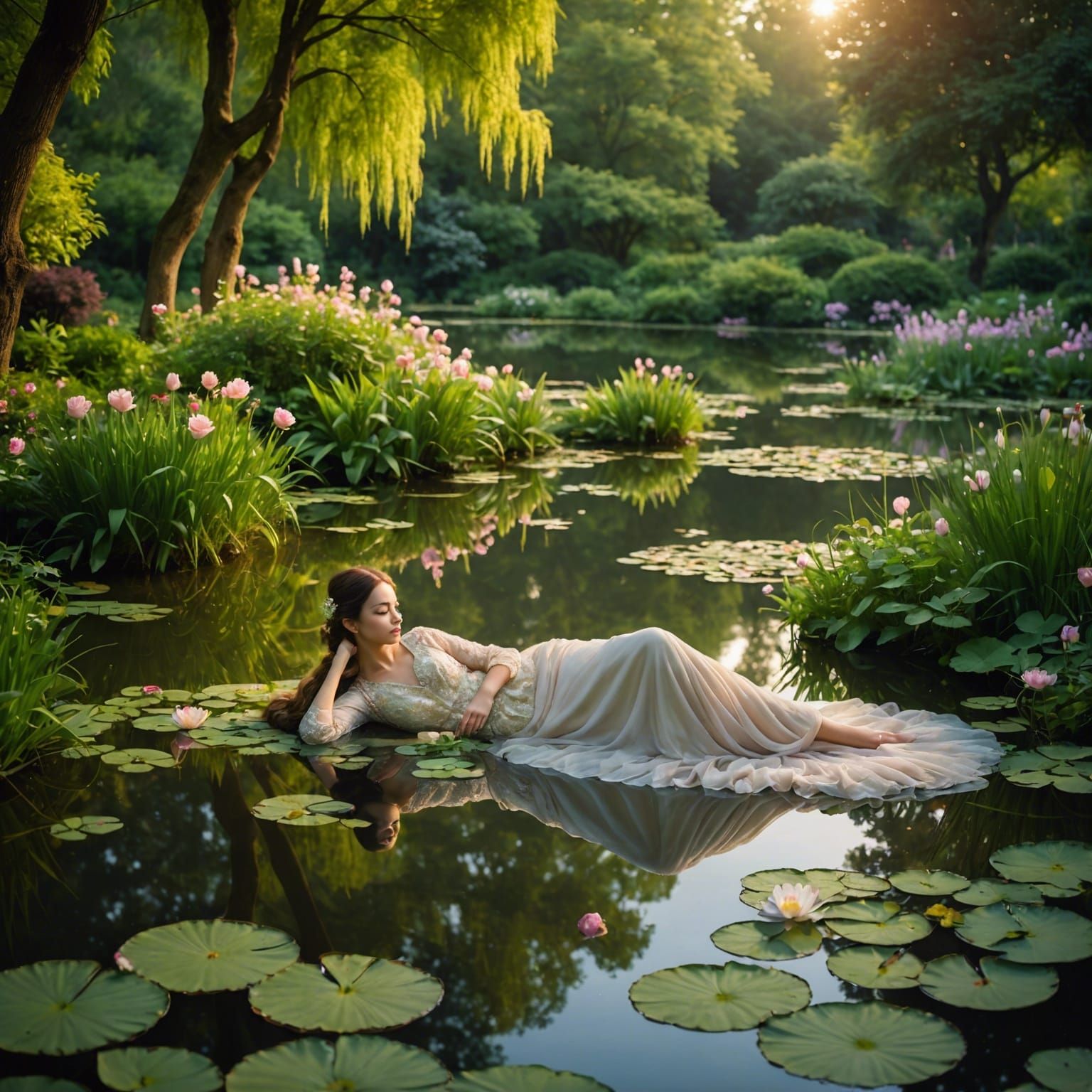 Ethereal Garden Pond with Reclining Lady