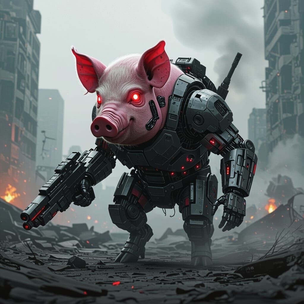 Cyborg Terminator Pig Hunts Post-Apocalyptic City