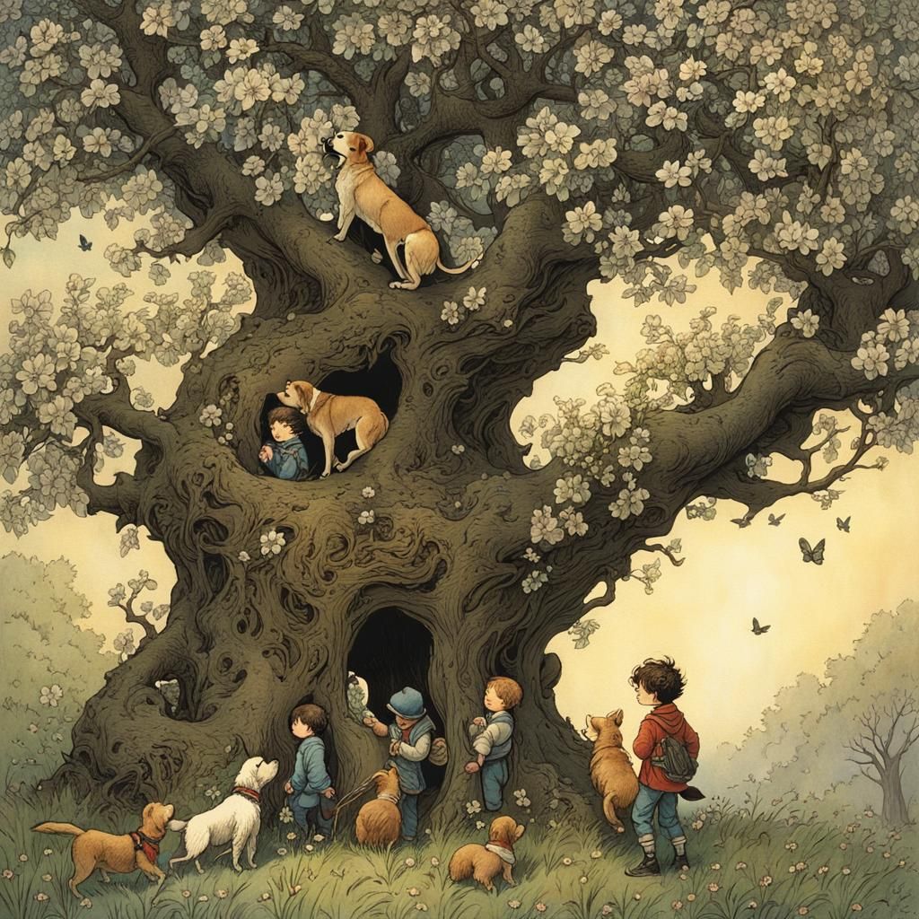 Boys Hide in Apple Tree, Detailed Illustration