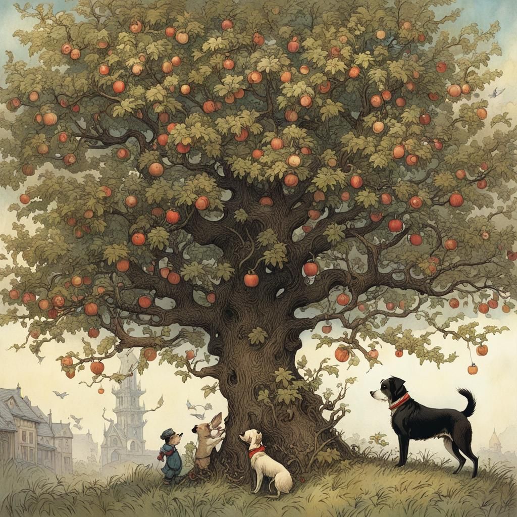 Boys Hide in Apple Tree, Fantasy Illustration