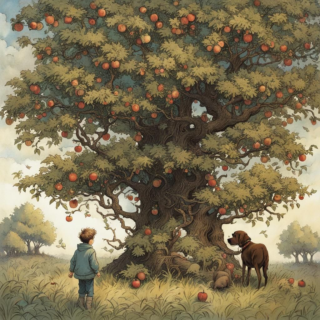 Whimsical Boys Hide in Apple Blossom Tree, Watched by a Bark...