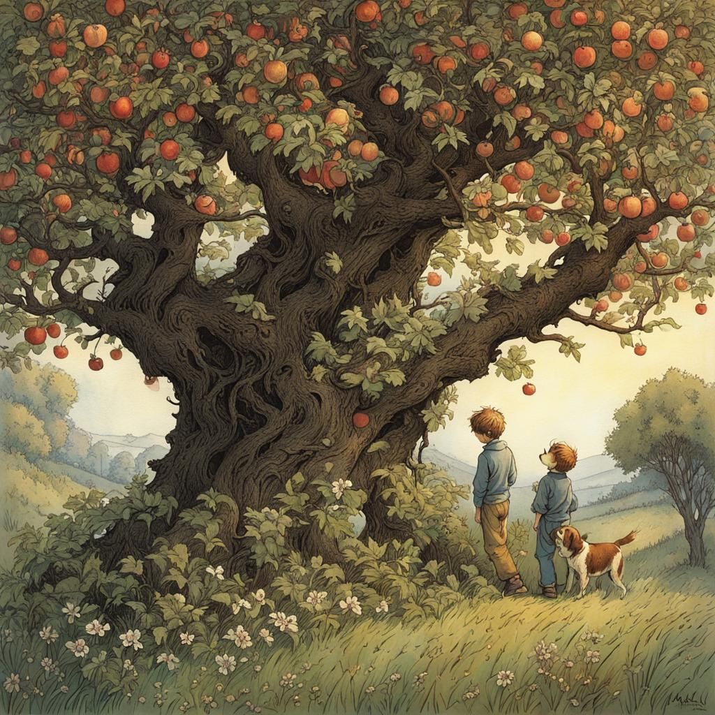Whimsical Boys Hide in Blossoming Apple Tree Under Watchful ...