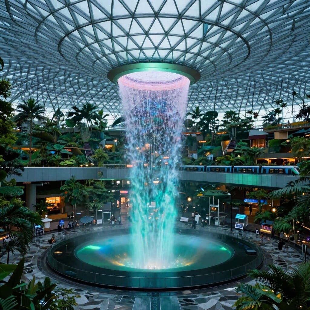 Rain Vortex at Jewel Changi Airport with Train in Digital Ma...