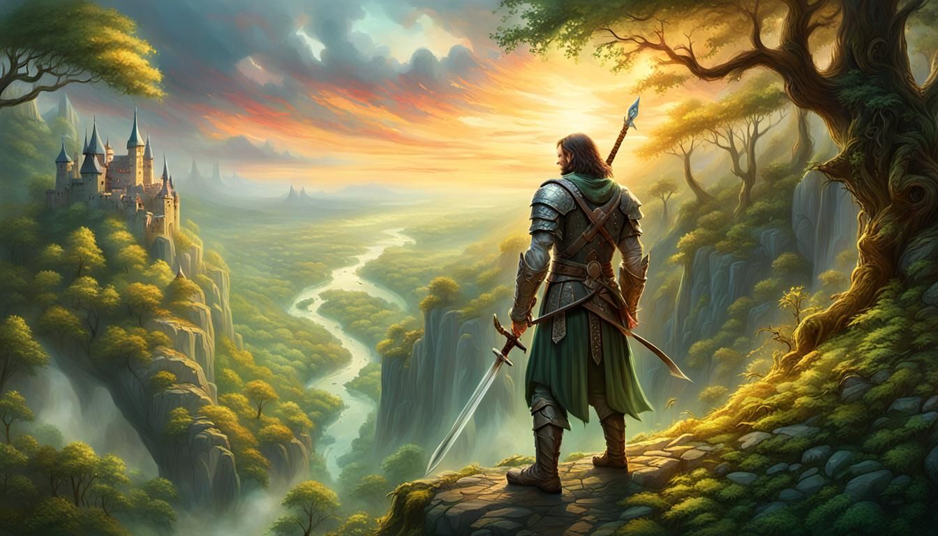 Ethereal Fantasy Warrior in Mystic Forest at Golden Hour