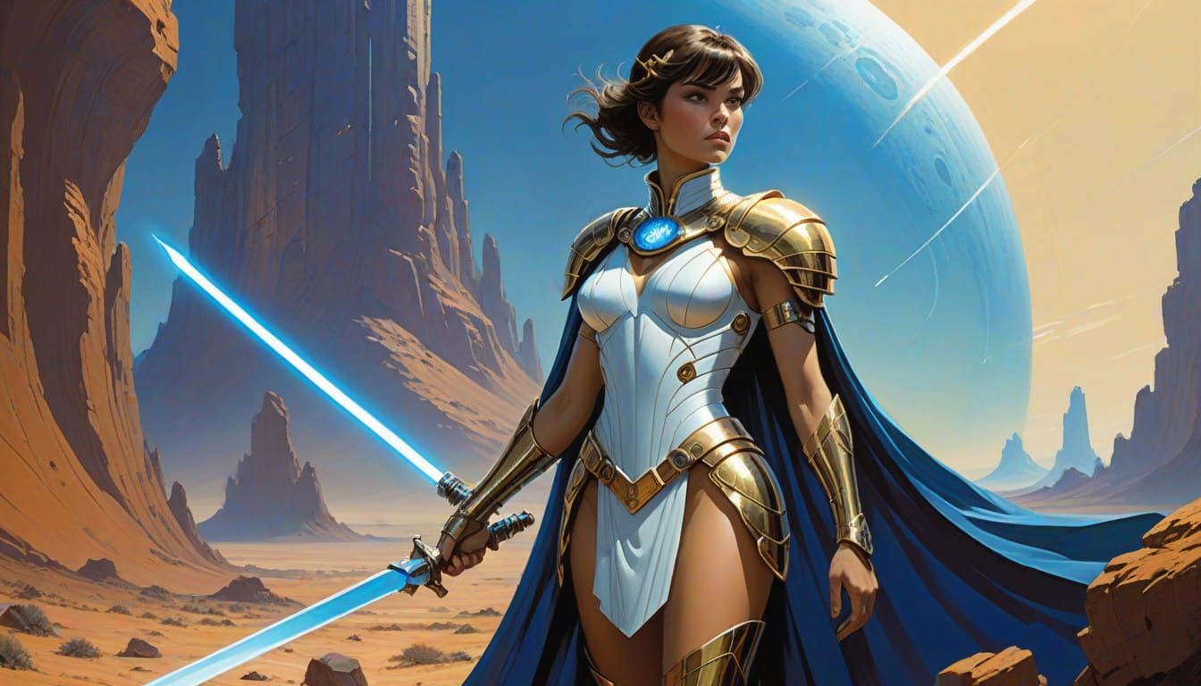 Wisdom Goddess Wields Electric Blue Laser Sword on Futuristi...