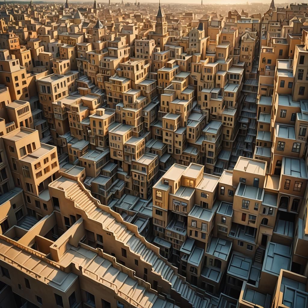 Surreal Cityscape with Infinite Staircases in Dreamlike Styl...