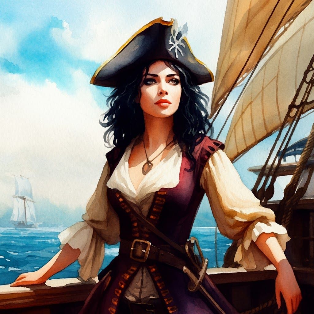 Pirate Woman on Ship Deck in Impressionistic Watercolor
