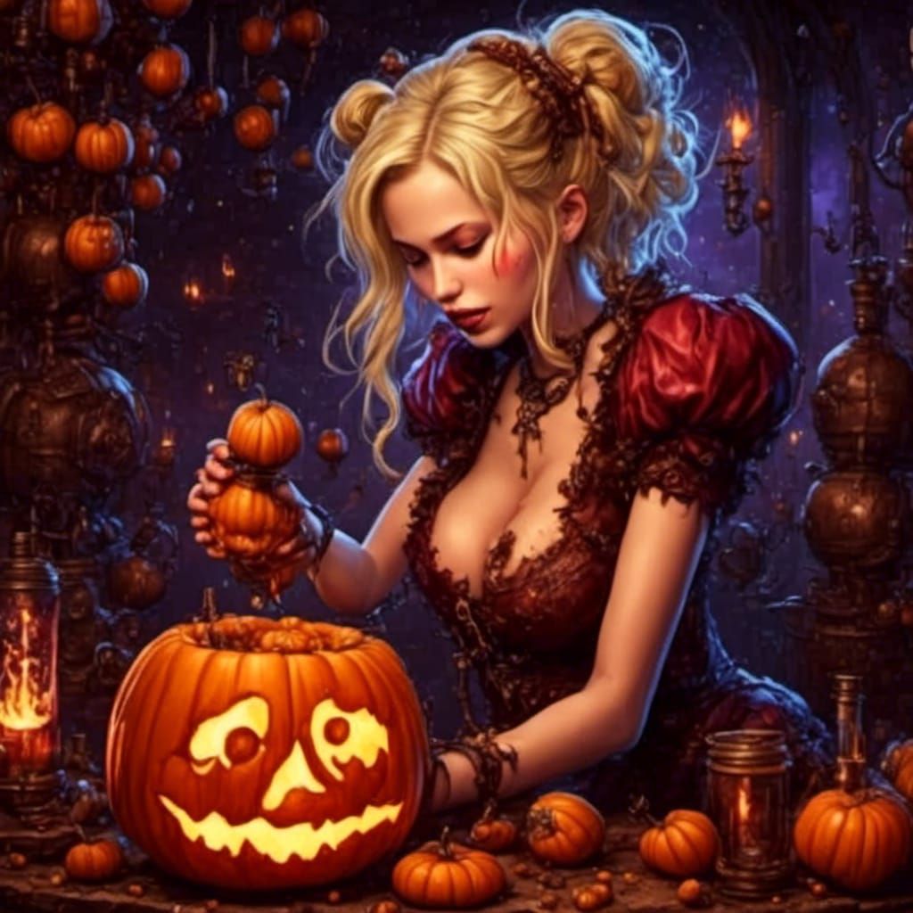 Girl Feeds Jack-o'-Lantern: A Dainty Halloween Scene