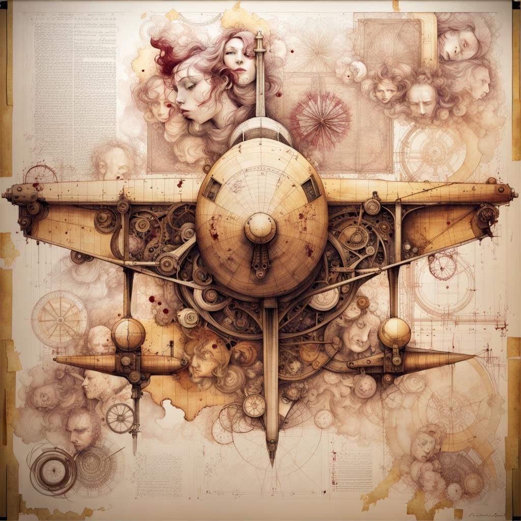 Renaissance-Inspired Mechanical Plane Drawing on Parchment