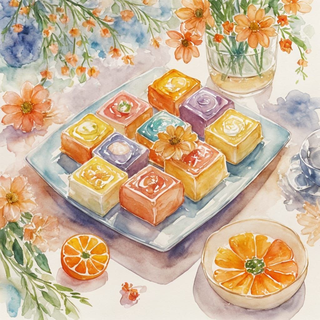 Lokum Sweets in Watercolor Anime Style
