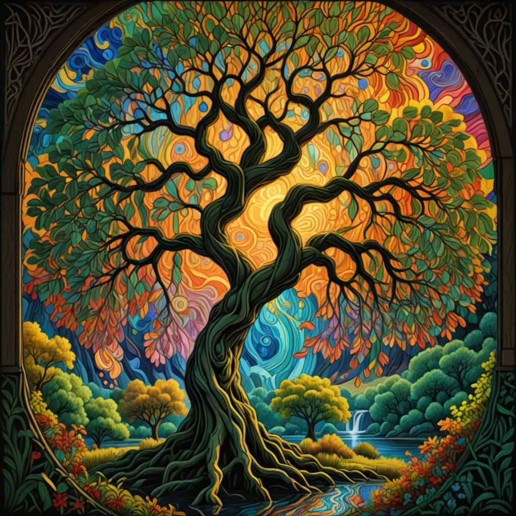 Majestic Divine Weeping Willow in Vibrant Stained Glass Styl...
