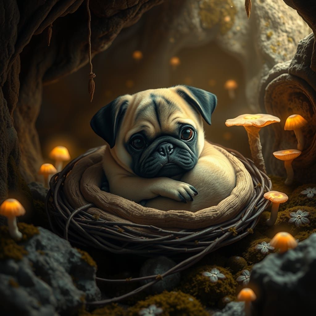 Dragon Pug Puppy in Mystical Cavern, Photorealistic 8K