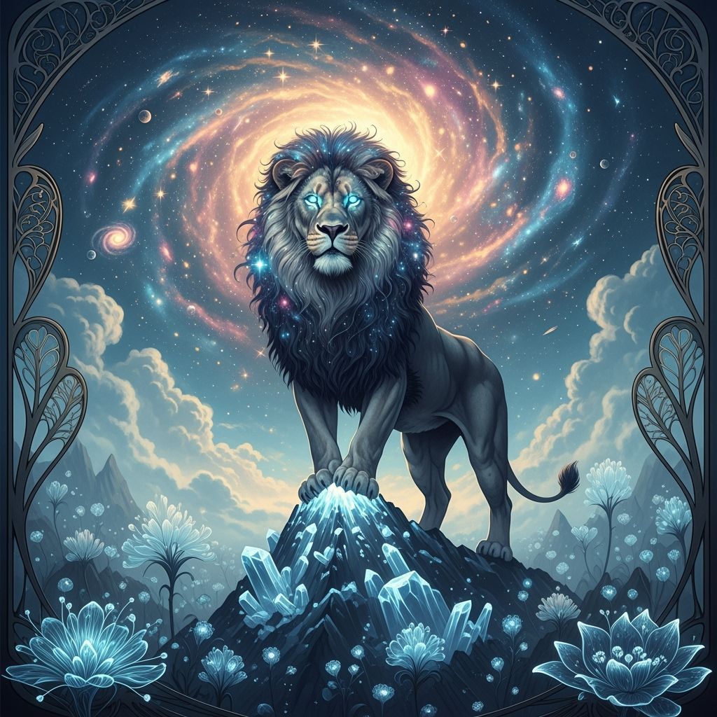 Cosmic Lion on Crystal Peak Under Nebula Sky