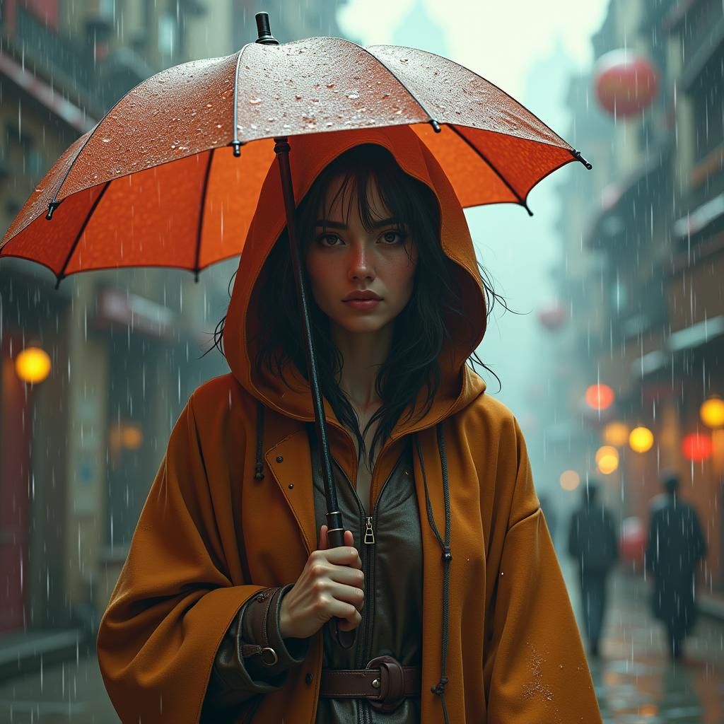 Resilient Woman in Rainy Cityscape: Matte Painting