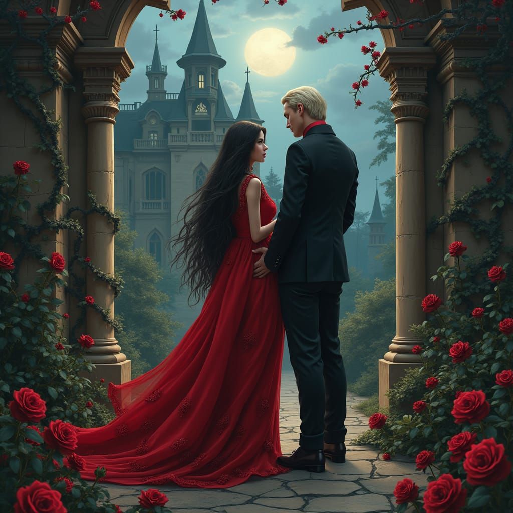 Red Riding Hood at Gothic Mansion Entrance