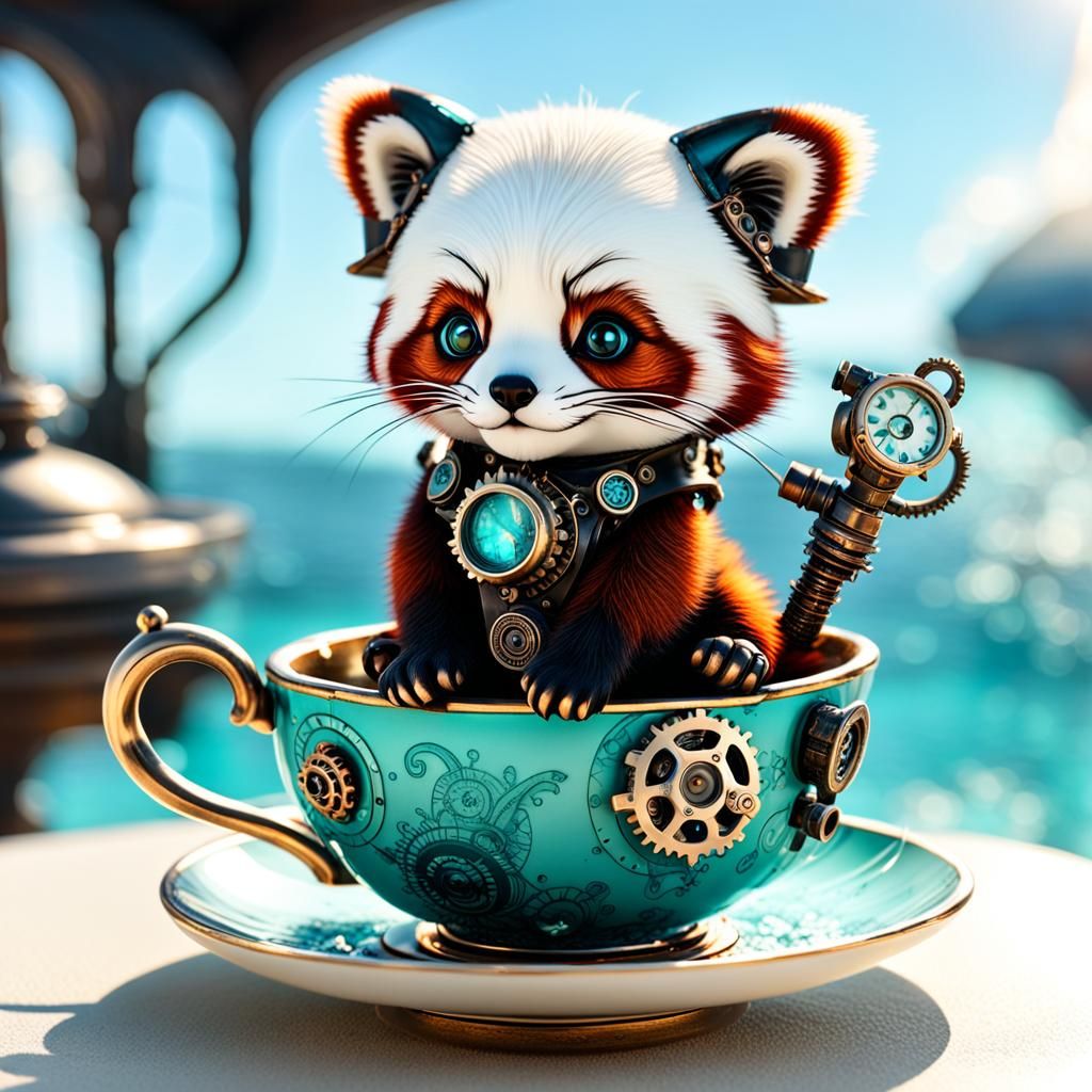Chibi Red Panda in a Steampunk Teacup