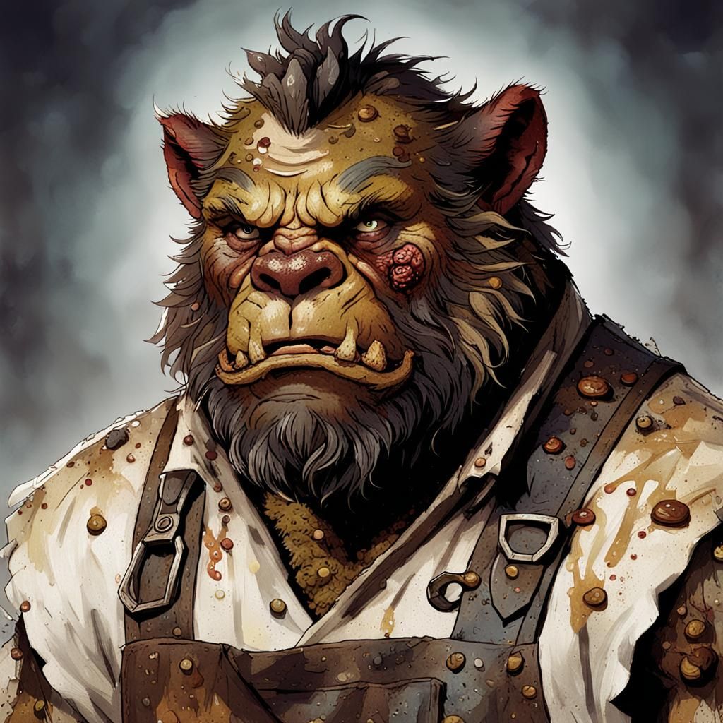 Exhausted Bugbear Chef in a Chaotic Tavern