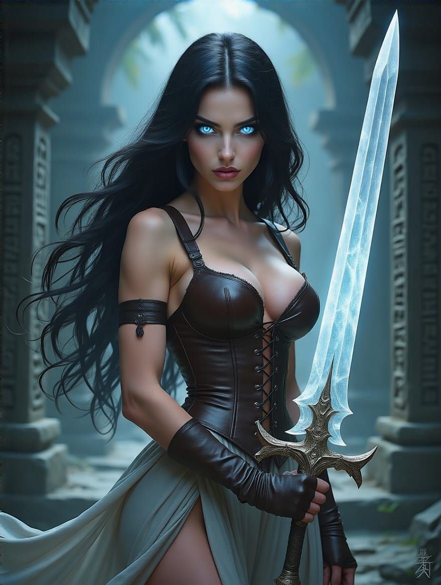 Water Elemental Mage with Crystal Sword in Ancient Temple