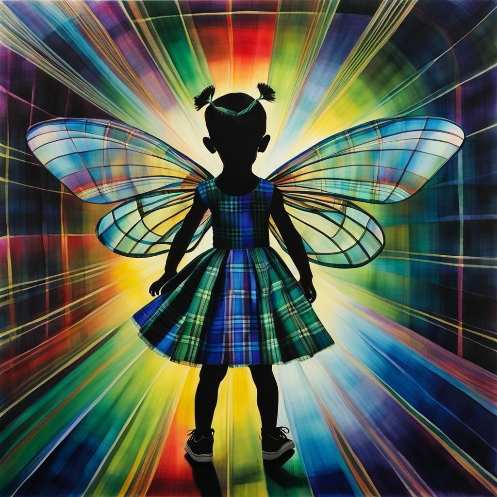 Surreal Tartan Child's Drawing with Luminous Fairy
