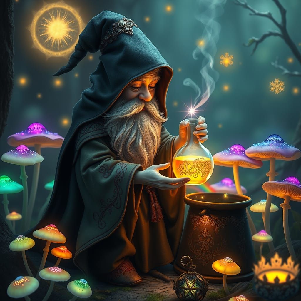Whimsical Gnome Alchemist in Enchanted Bioluminescent Realm