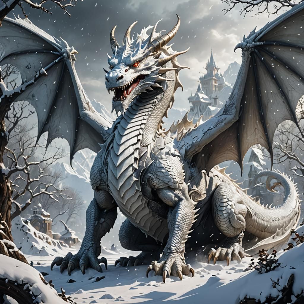 Icy Dragon in Winter Landscape, Dark Fantasy Art