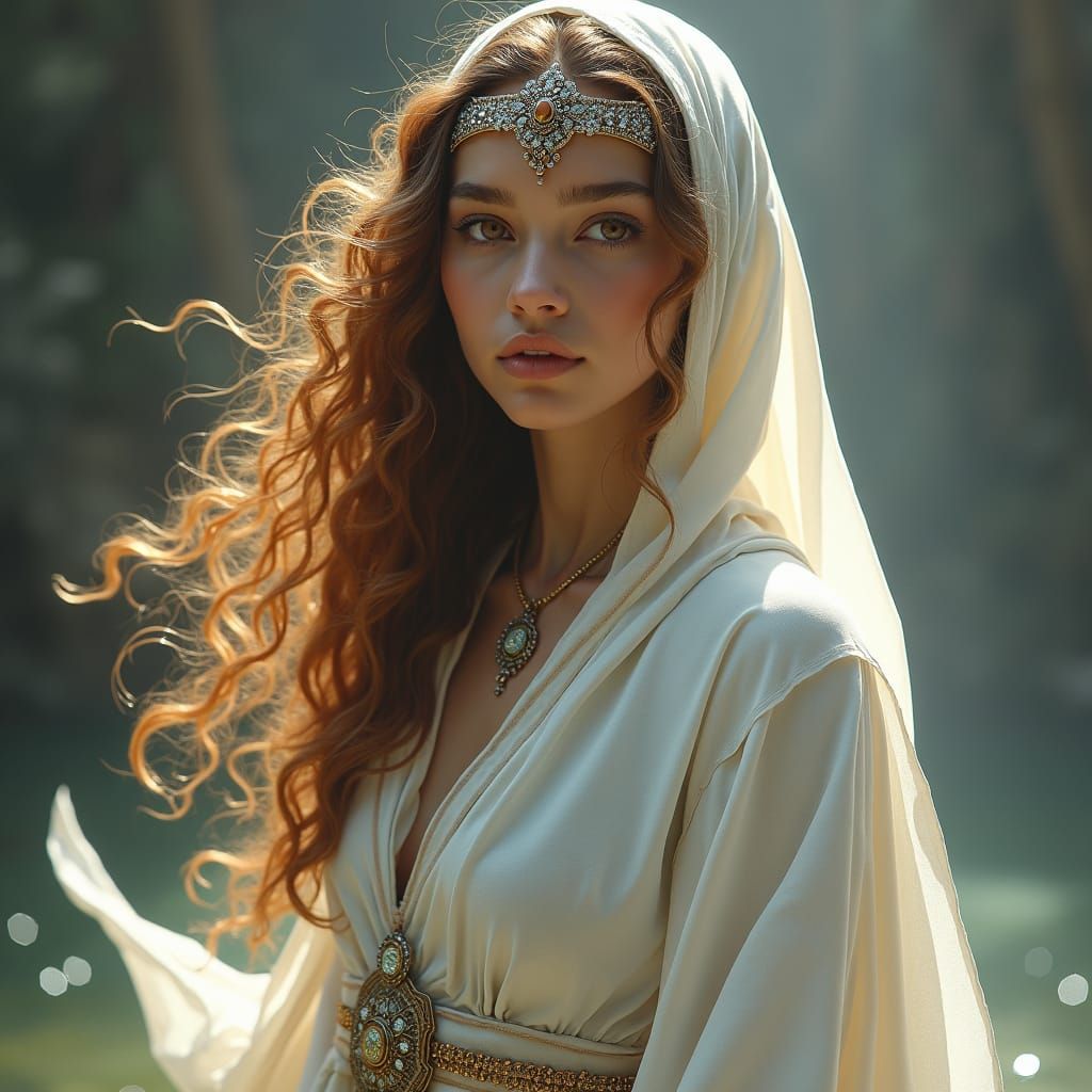 Ethereal Priestess with Gemstone Headpiece in Fantasy Style