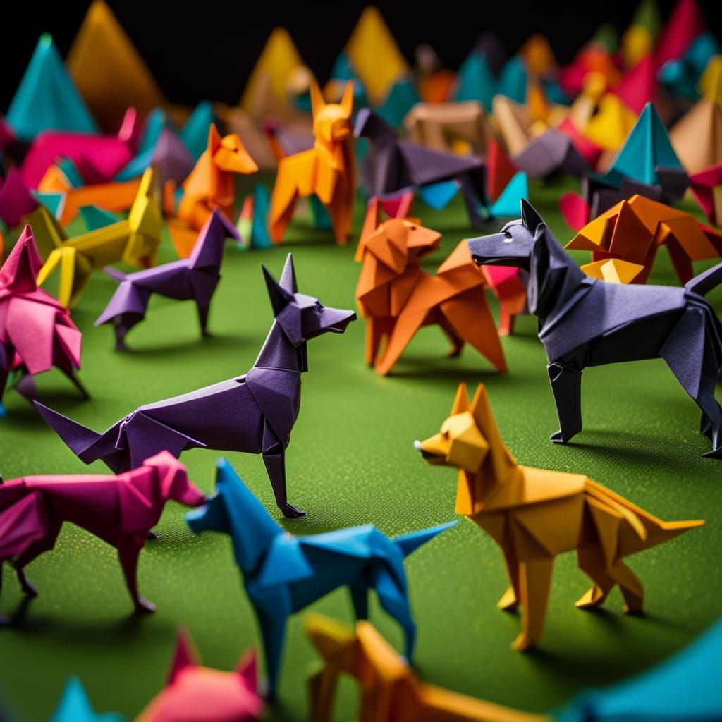 Origami Dog Park Diorama with Origami Dogs