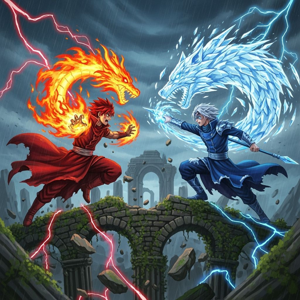 Sorcerers Duel with Fire and Ice on Ancient Ruins