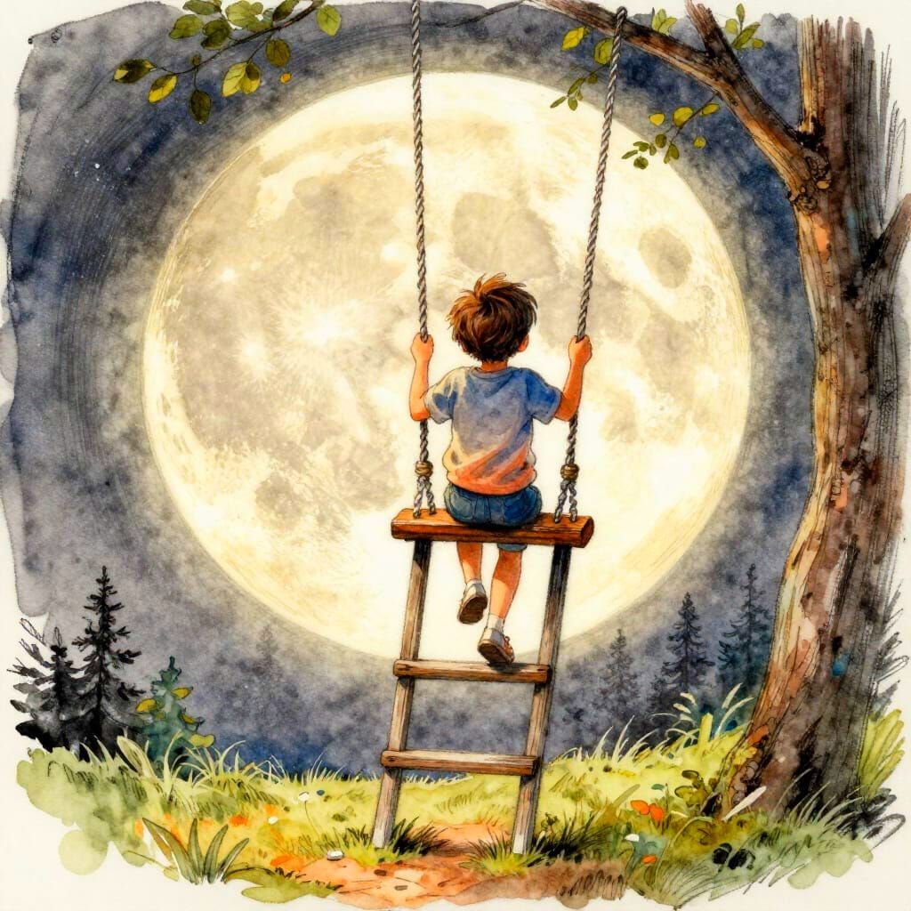 Child Reaches for Full Moon Swing in Stylized Sketch