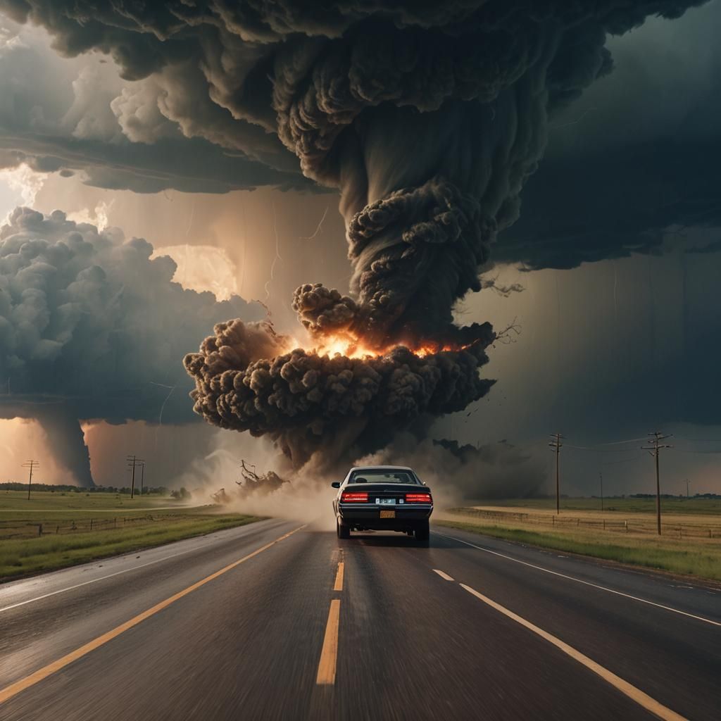 Epic Car Chase with Tornado in Background