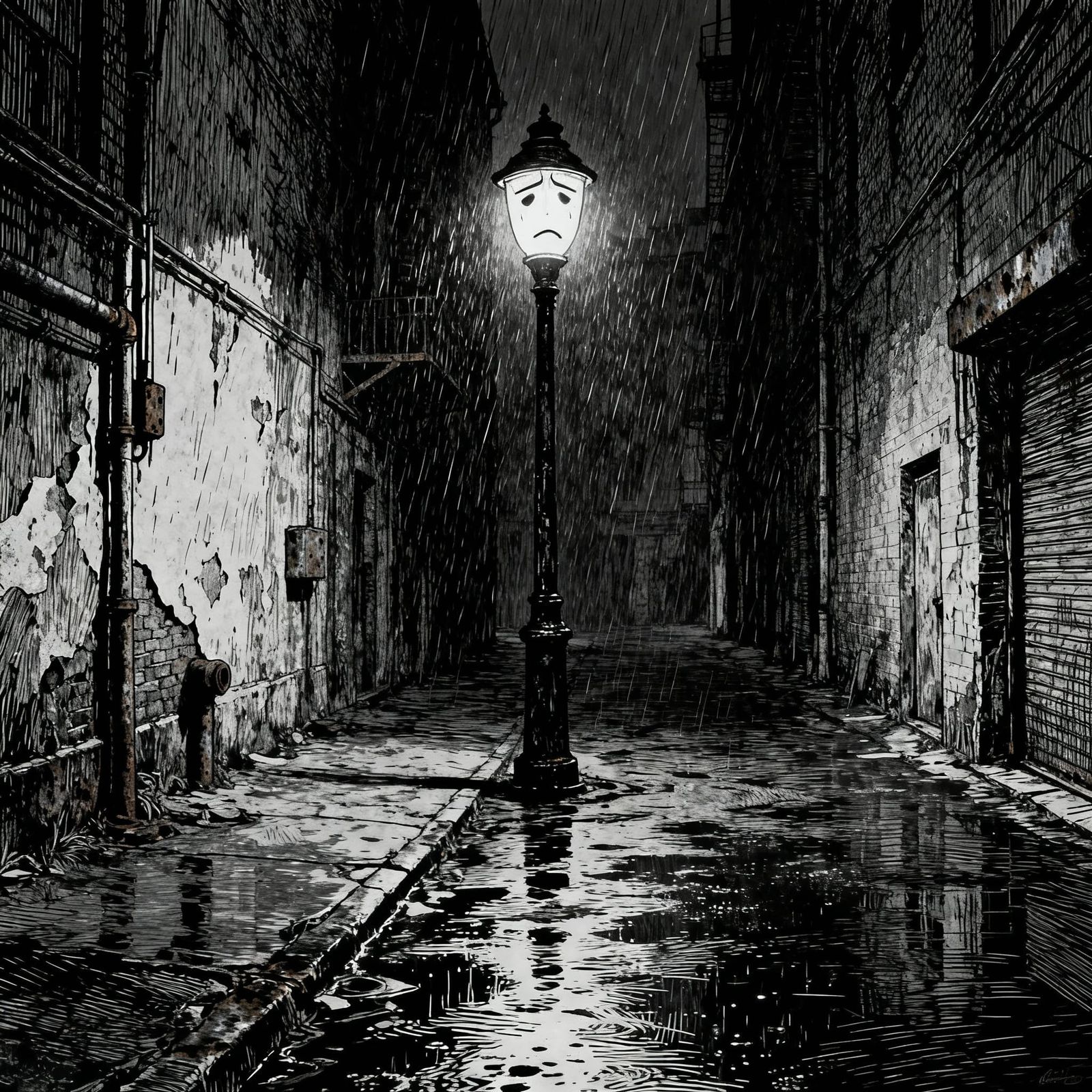 Lonely Streetlamp Glows in Desolate Alleyway with Scratch Ar...