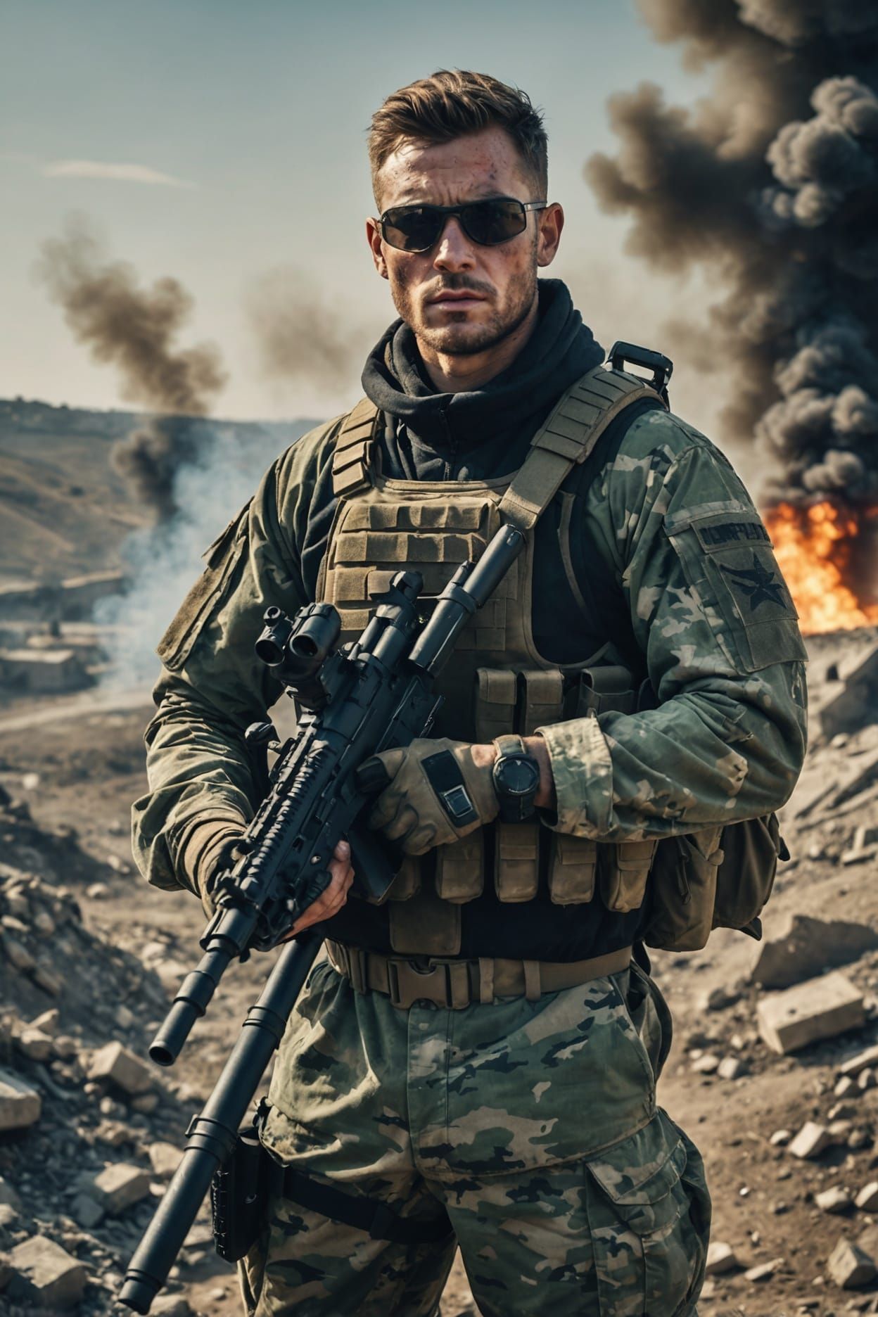Soldier with Machine Gun on Hill in Cinematic Style