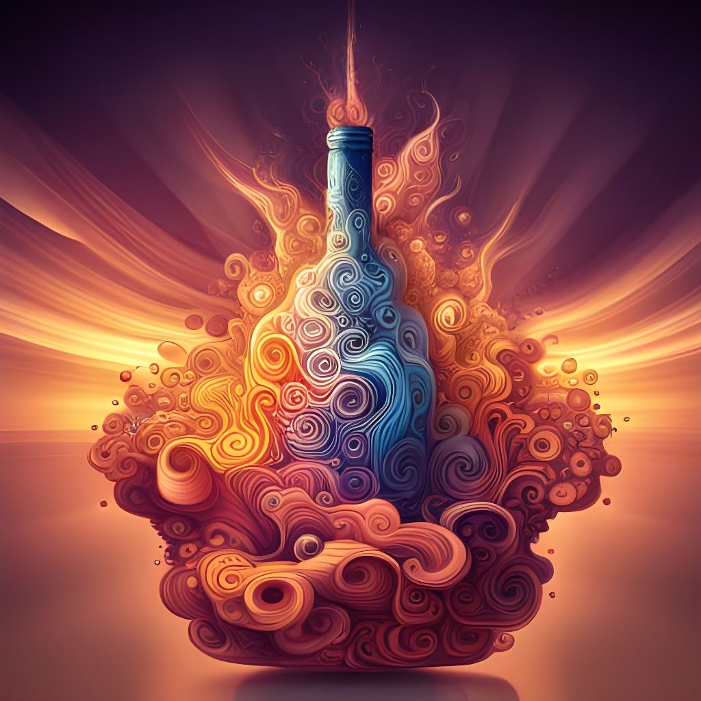 Exploding Wine Bottle with Sunset, Abstract Fractal Art