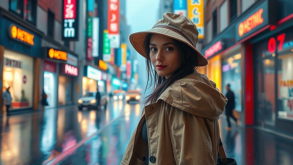 Rainy City Street Scene with Woman in Raincoat