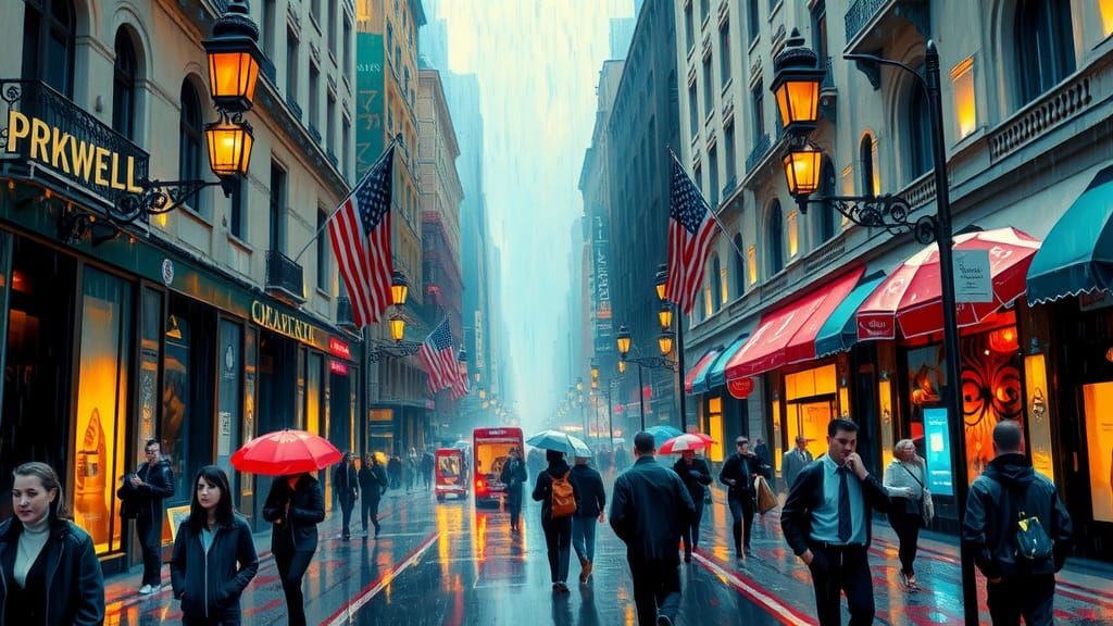 Rainy City Street Scene in Impressionist Style