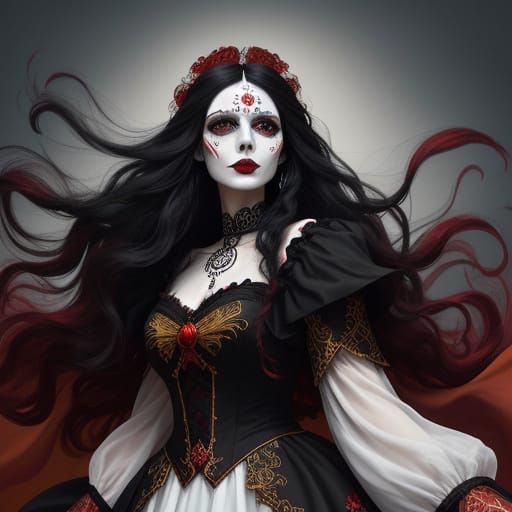 Gothic Bride with Sugar Skull Makeup and Flowing Hair