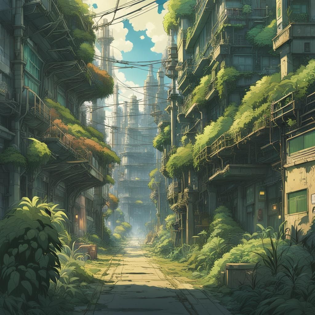 Post-Apocalyptic City Reclaimed by Nature: Anime Key Visual