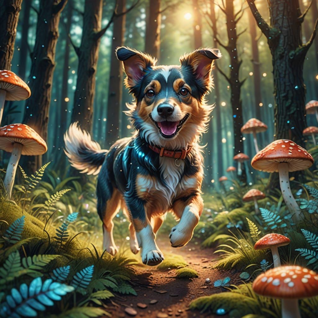 Dog Running in Forest: Vibrant Colored Pencil Fantasy